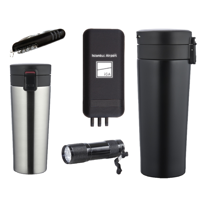 5067 - Krom Mug Hediyelik Set - Powerbank - Çakı - Fener - Termos Seti