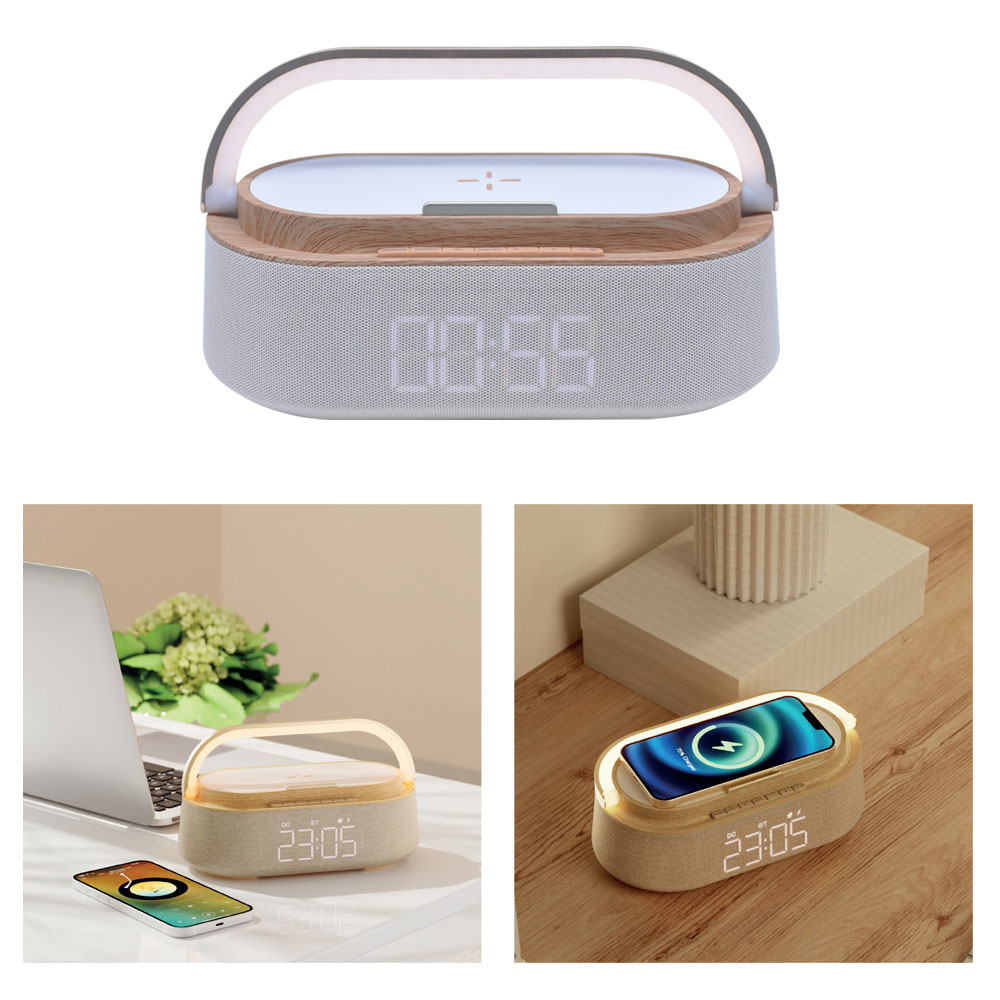 7321 5’i 1 Arada Bluetooth Hoparlör, Kablosuz Şarj, Saat, Telefon Standı, Masa Lambası